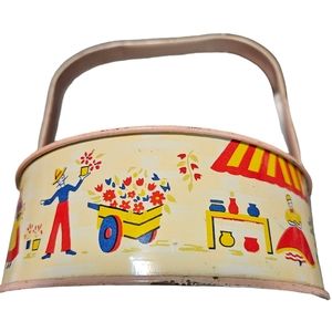Adorable Childrens Vintage 1950's Tin Carrier With Lovely Painted Scenes.